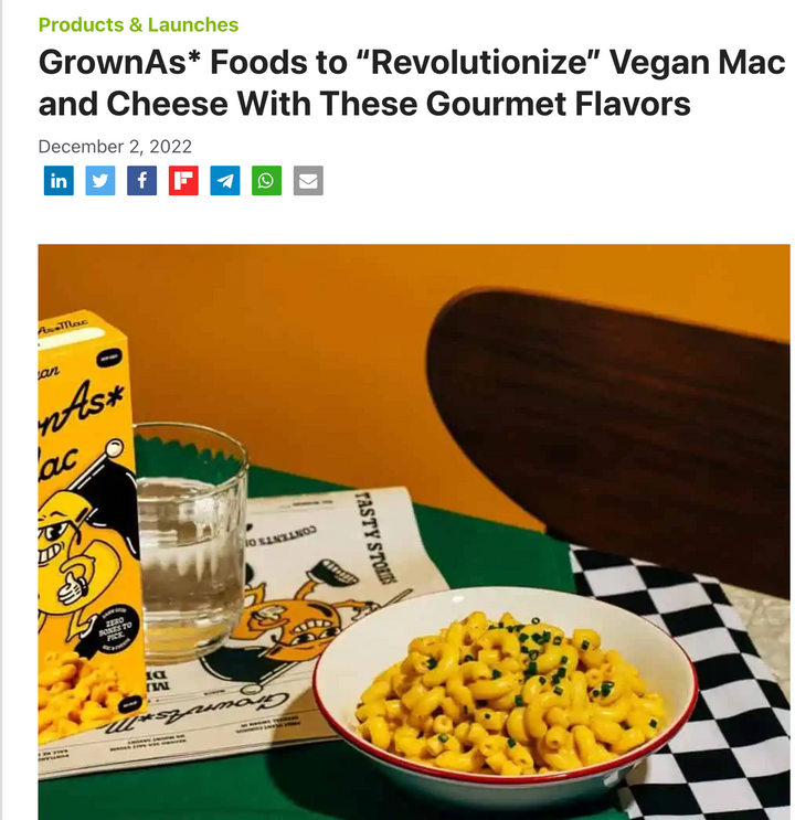 Vegconomist: GrownAs* Foods to “Revolutionize” Vegan Mac and Cheese With These Gourmet Flavors
