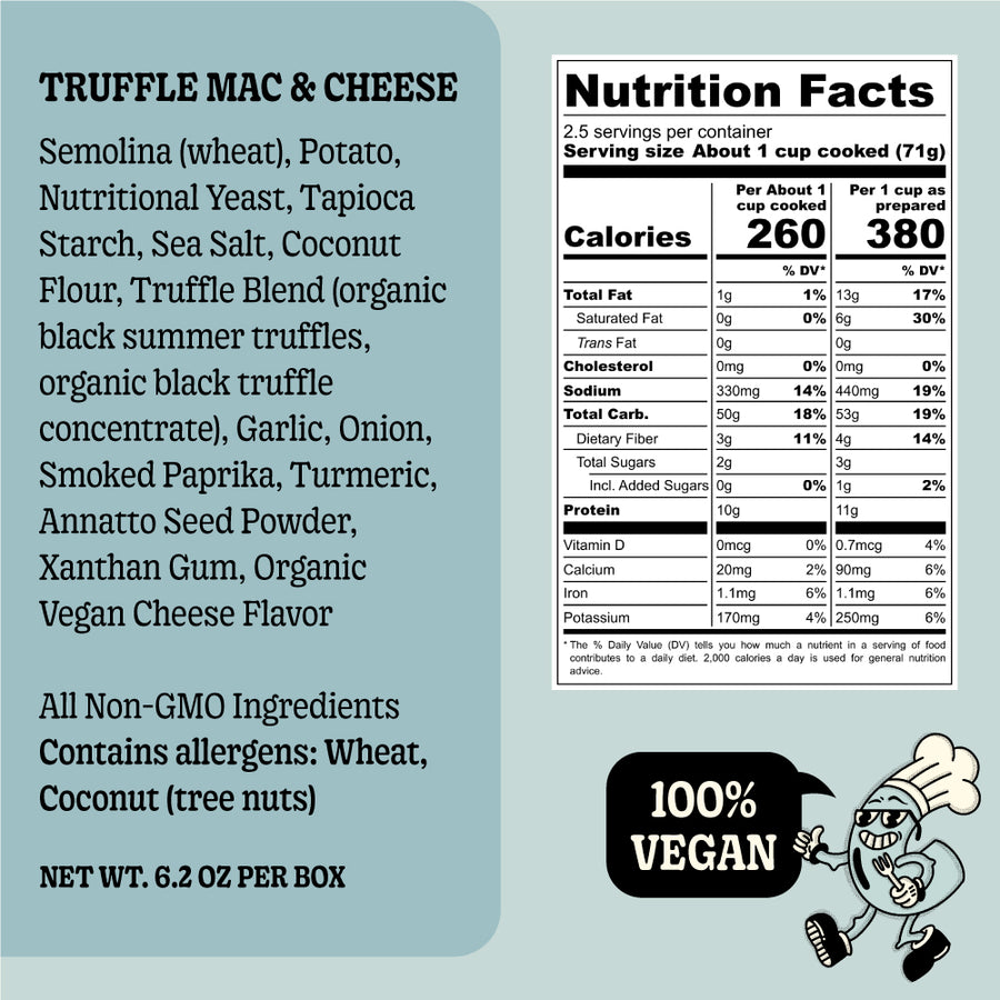 GrownAs* Foods, The plant based mac & cheese truffle nutrition info.