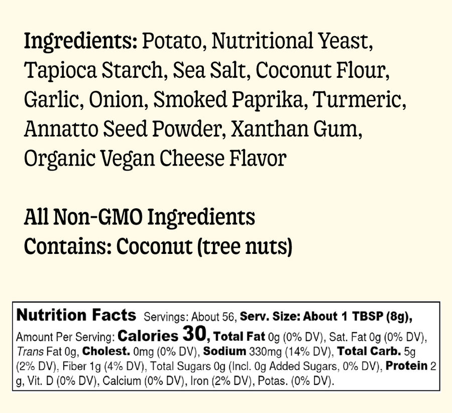 GrownAs* Foods, vegan cheese powder ingredients and nutrition facts