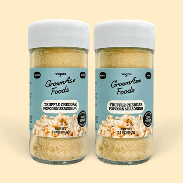 GrownAs* Foods, The plant based truffle pop corn cheddar seasoning in 2 packs.