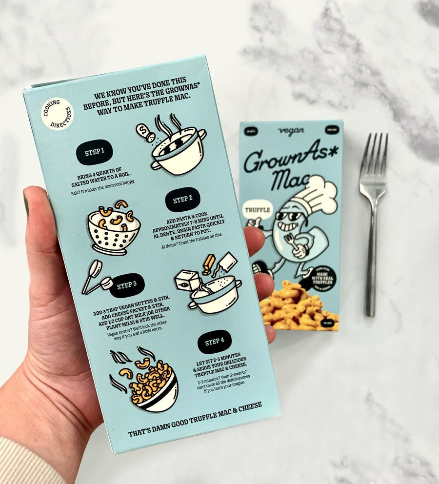 GrownAs* Foods, The truffle vegan mac and cheese preparation, front and back packaging.