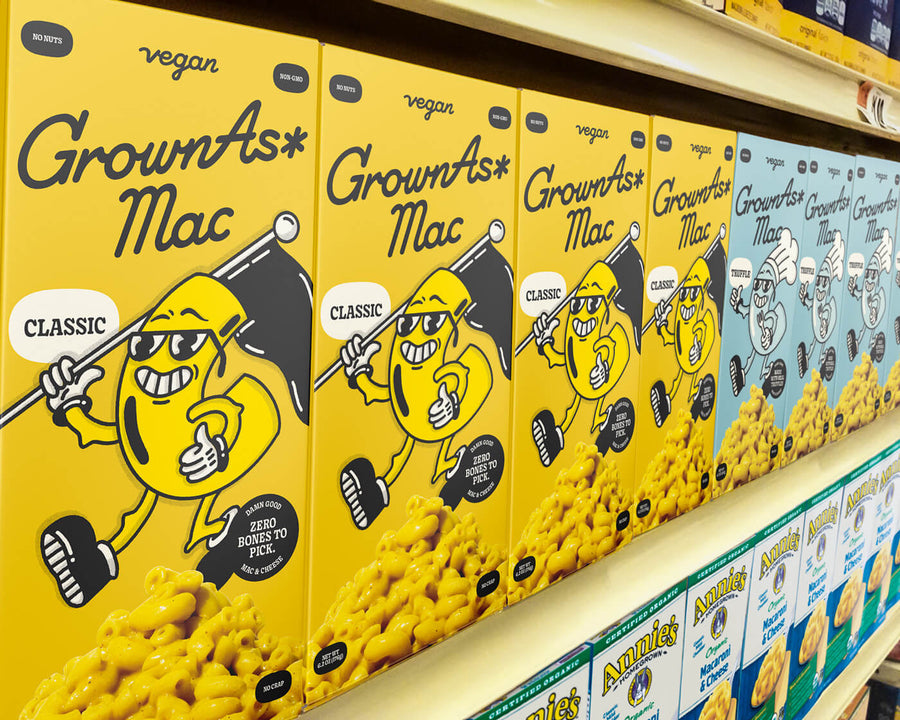 GrownAs* Foods, The vegan mac & cheese on shelf in retail 