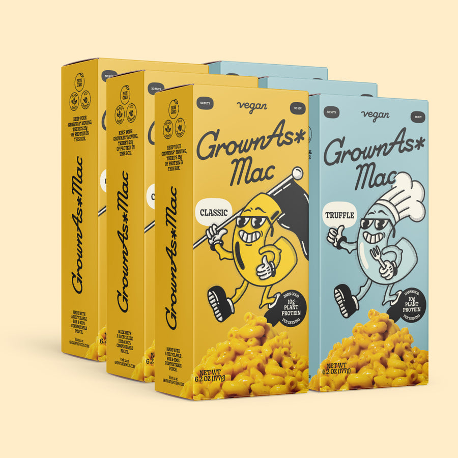 GrownAs* Foods, Mix Bundle consist 3 packs of each of high-protein mac and cheese.