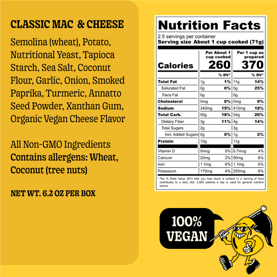 GrownAs* Foods, The plant based mac and cheese classic nutrition info.